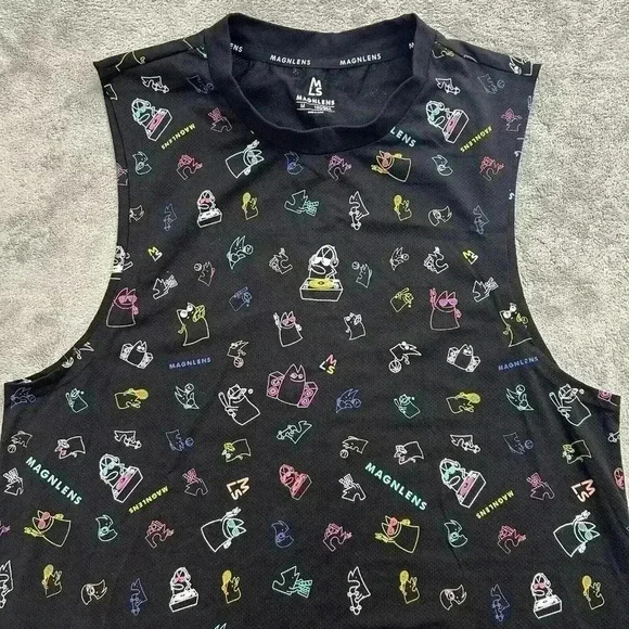 Magnlens Shirt Mens Medium Black Tank Top All Over Print Logo Workout Mesh Tee - Picture 4 of 10